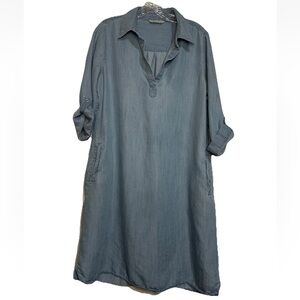 Soft Surroundings Women’s *M Denim Dress Roll Tab Sleeve Pockets Casual Comfy
